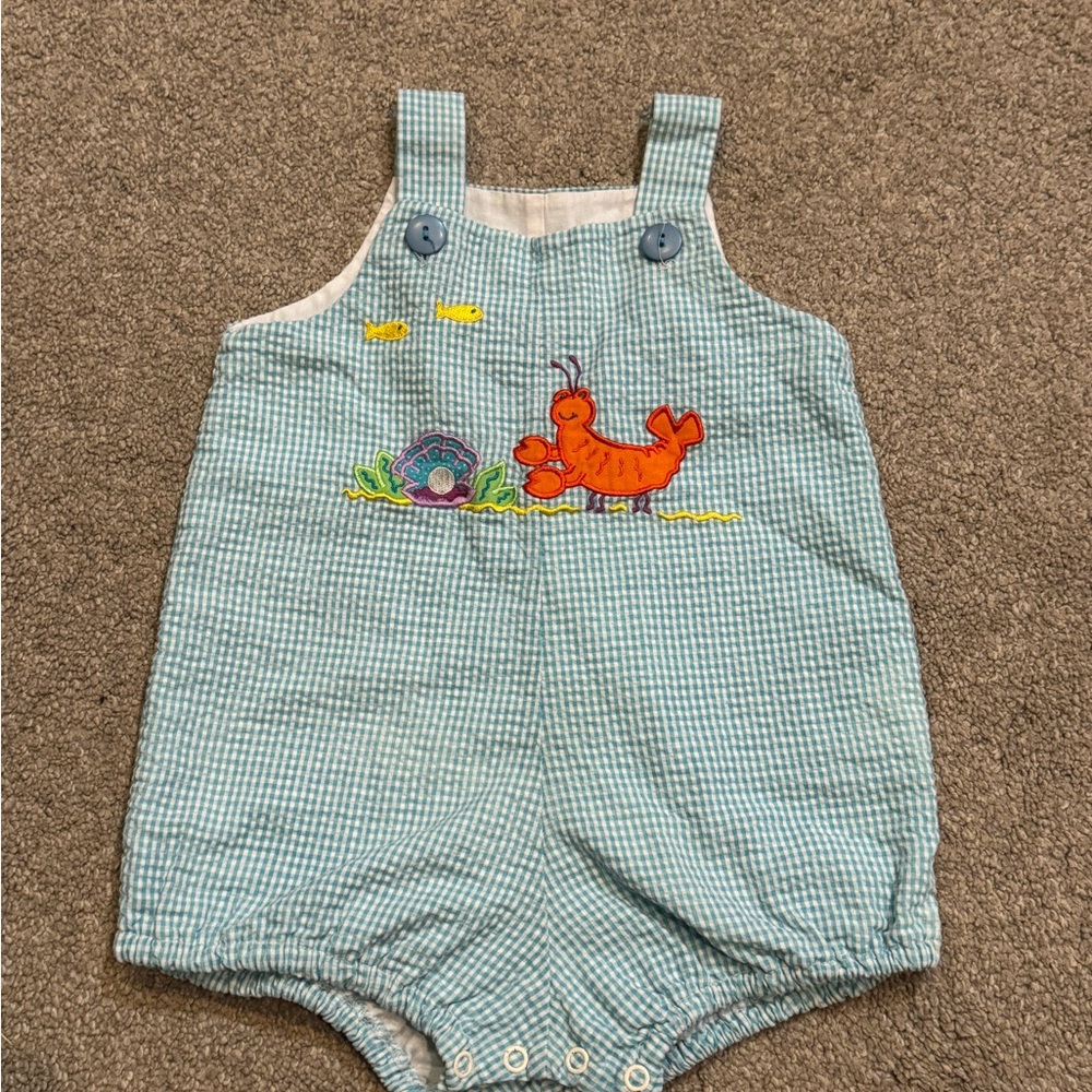 Baby Boy Mulberry Street 9 Month Romper Blue Seersucker Lobster Oyster Embroider